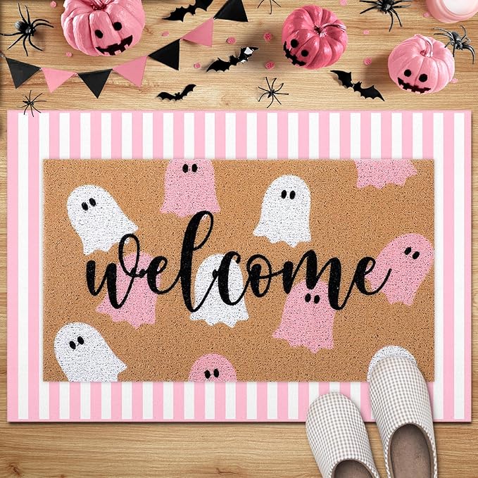 Tinideya 2 Pcs Halloween Door Mat Ghost Welcome Non Slip Coir Mats Pink White Stripe Floor Layering Doormats Seasonal for Front Porch Entryway Decor(Pink White Ghost)