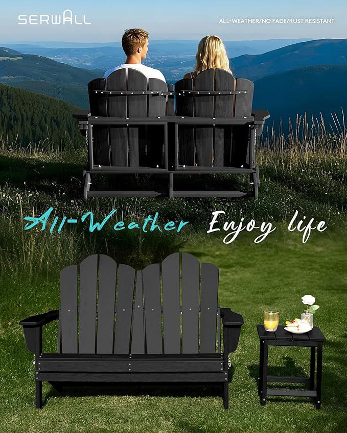SERWALL Folding Adirondack Bench, HDPE All-Weather Adirondack Loveseat Set of 2, Black