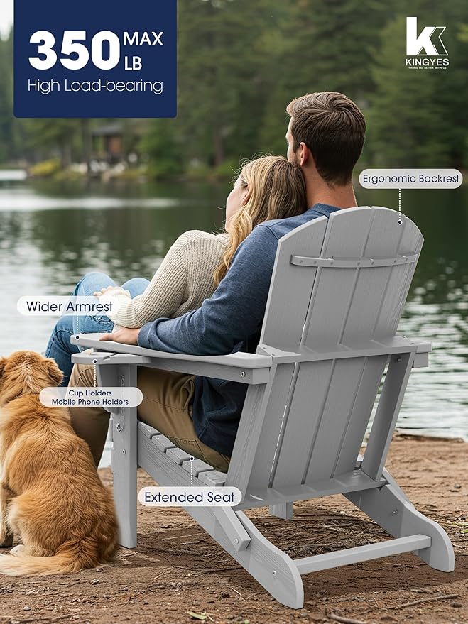 KINGYES Folding Adirondack Chair Set of 4, Dual Cup Holders & All-Weather HDPE, Wood-Like Patio Chair for Backyard, Camping, Pool & Fire Pit, Silver Grey