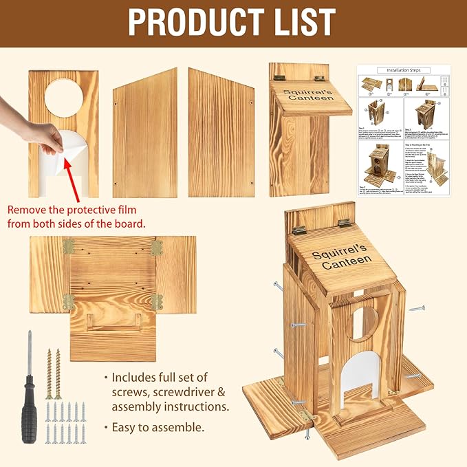 Squirrel Feeder with Standing Panel - Requires Assembly, Wooden Nut Bar Squirrel Feeders for Outside, Backyard, Wildlife, Durable Chipmunk Feeder Box for Peanut, Nuts