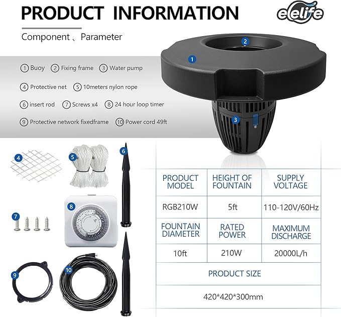 Pond Fountain Aerator, 20000 GPH Floating Aerating Pump, 50ft Power Cord, Time Control, Perfect for Ponds & Lakes