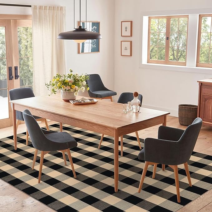 IOHOUZE Buffalo Plaid Rug 5x7 Ft Indoor Outdoor Rug, Washable Rugs for Living Room, Spring Summer Welcome Mats Outdoor, Cotton Area Rug for Farmhouse/Entryway/Home Entrance,Tan Black
