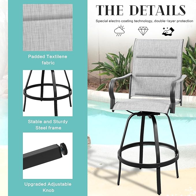 Vongrasig 6 Piece Outdoor Patio Swivel Bar Chairs, All Weather Padded Sling Textile High Top Bar Stools, Bistro Set for Backyard, Lawn Garden, Balcony, Padded Light Grey