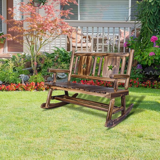 XCSOURCE Outdoor Rocking Bench, Wooden Double Outdoor Patio Rocker Chair for 2 Persons, Rustic Log Porch Bench for Farmhouse Decoration (Brown)