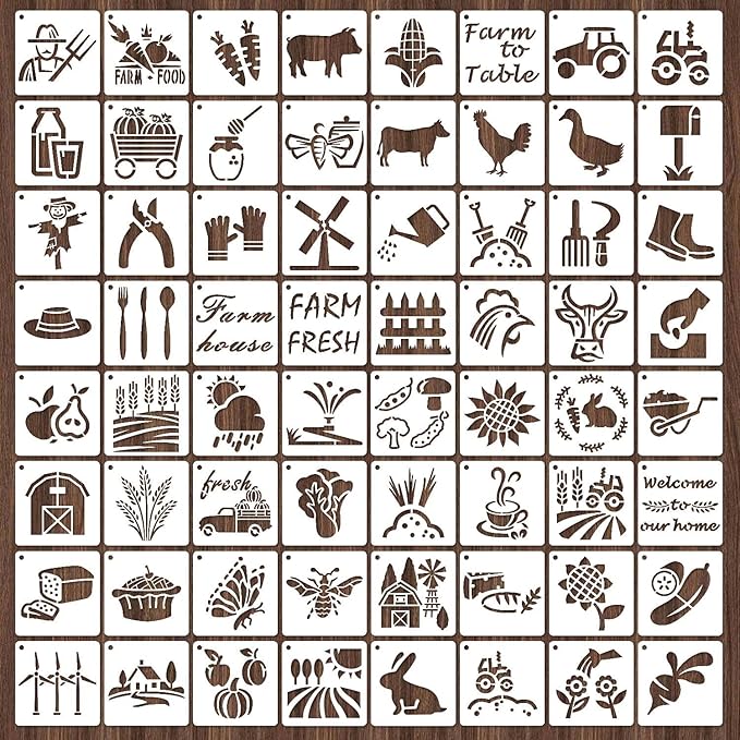 64 Pieces Stencils for Painting, Small Reusable Farmhouse Stencil, Art Craft Template for Painting on Wood, Wall, Fabric, Rock, Chalkboard, Sign, DIY Art Scrapbook Projects(Farm)
