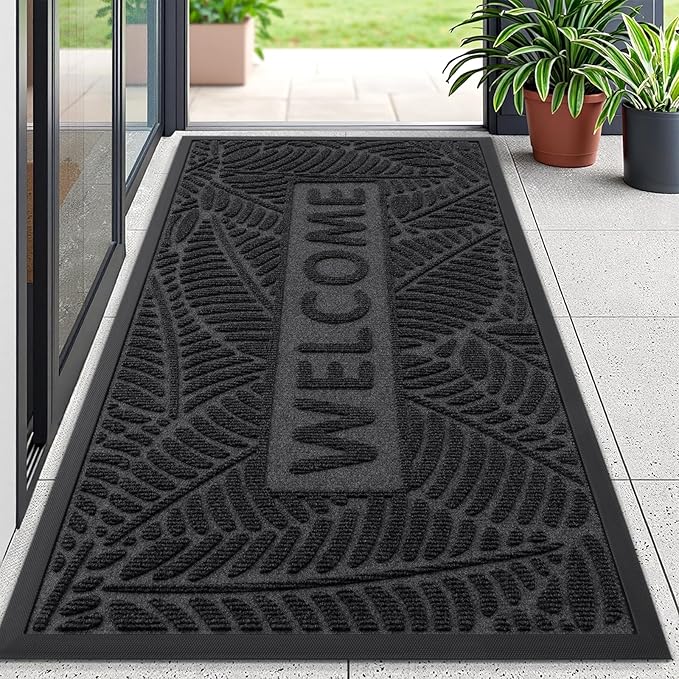 Smiry Welcome Mat Indoor Outdoor, All-Season Waterproof Front Door Mat, Sturdy Natural Rubber Doormat, Non-Slip, Easy Clean, Low Profile Dirt Trapper for Porch Patio Entrance, 59x34, Grey