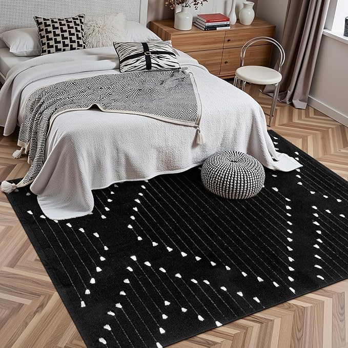 LIVEBOX Boho Black Rug 5x7, Large Washable Rugs for Living Room, Cotton Woven Bedroom Carpet, Moroccan Indoor Thin Throw Area Rugs for Dining Room,Dorm