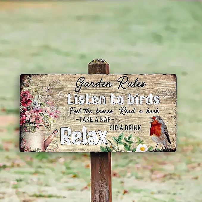 Vintage Garden Decor - Outdoor Wooden Gardening Sign - Funny Rules Listen to Birds - 16'x8'