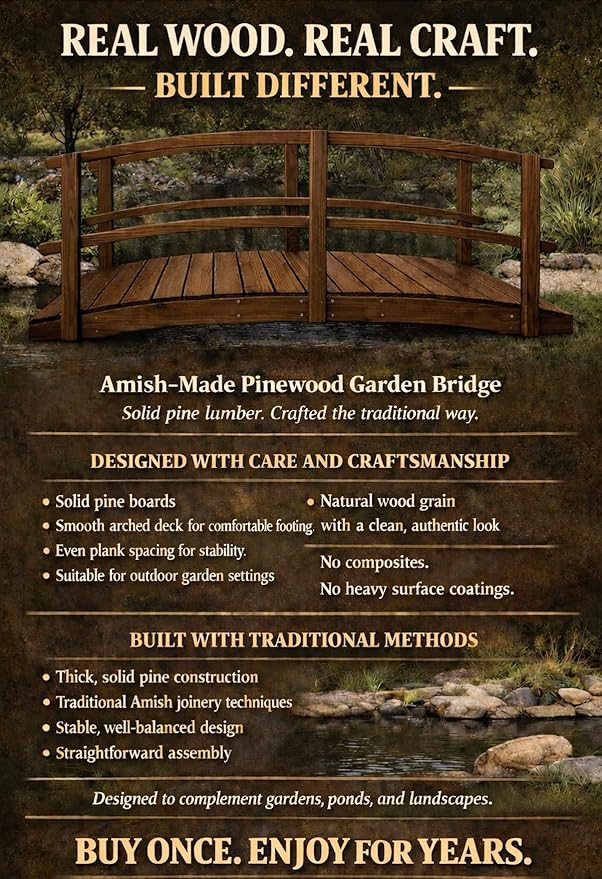 8 FT MAHOGANY Amish Made Garden Bridge with DOUBLE RAILS for Walkway, Backyard Pond & Landscaping, Outdoor Wooden Footbridge for Koi Pond, Japanese Style Decorative Bridge, Made in USA