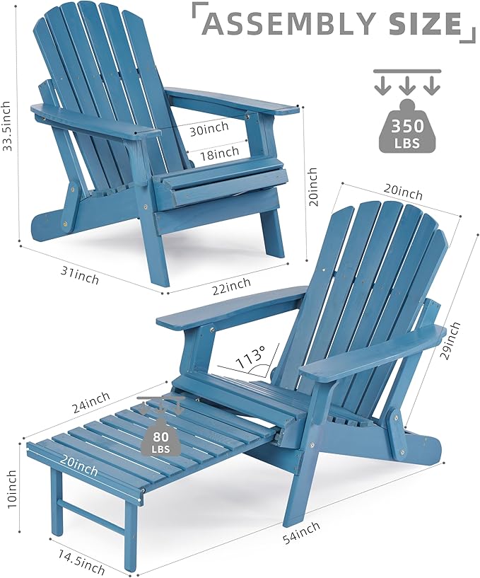 Oversized Outdoor Wooden Folding Adirondack Chair with Retractable Ottoman, Wood Patio Chair with Footrest for Garden Backyard Porch Pool Deck Firepit