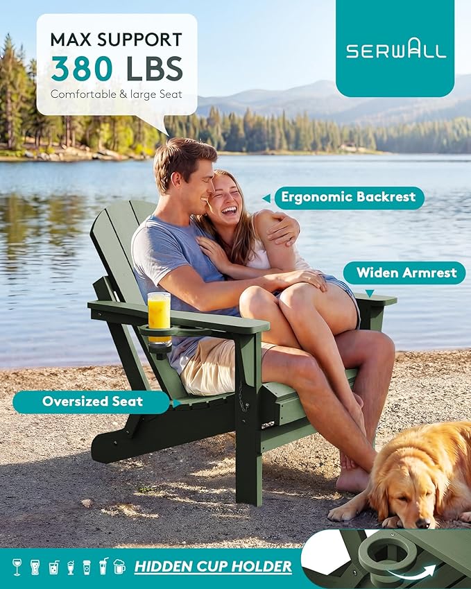 SERWALL Folding Adirondack Chair for Patio Garden, All-Weather Outdoors Chairs, Wooden Textured Fire Pit Chairs for Poolside, Backyard, Lawn - Army