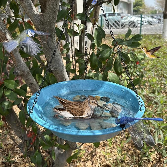 Hanging Bird Bath for Outdoors,11.4 inch Birdbath Bowl Window Birds Feeders with 13.5 in Rust-Proof Black Chains Metal Hanging Birds Feeder for Garden Backyard Decor Vintage Blue