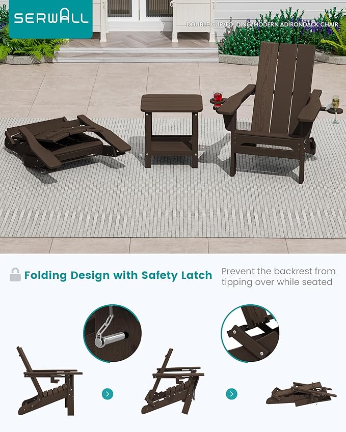 SERWALL Modern Adirondack Chairs Set of 2, Folding Adirondack Chair with Cup Holders, Outdoor HDPE Adirondack Chair for Patio Lawn Garden, Coffee