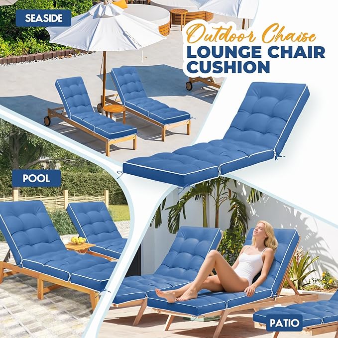 Outdoor Chaise Lounge Chair Cushion, Waterproof Non-Slip Patio Chaise Lounge Cushions for Outdoor Furniture, Thickened Patio Pool Lounger Chair Cushion, 76.4 x 22.8 x 4.7 Inches, Royal Blue