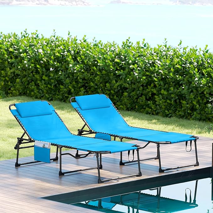 Outsunny 2 Piece Folding Chaise Lounge with 5-Level Reclining Back, Tanning Chair with Face Hole, Outdoor Lounge Chair with Side Pocket & Headrest for Beach, Yard, Patio, Blue