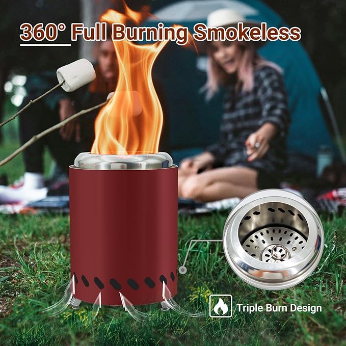 5.5 Inch Tabletop Stainless Steel Fire Pit Outdoor Camping Stove Multi-Color Low Smokeless Table Top Firewood Stove for Outside Portable Mini Outdoor Fire Pit for Camping Trips (Red)