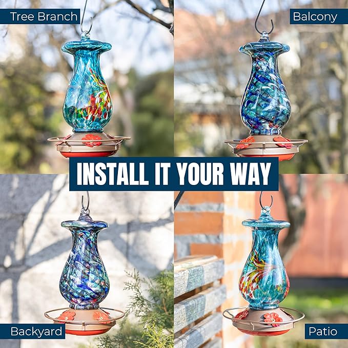 MEKKAPRO Hummingbird Feeders for Outdoors Hanging Glass 20oz, Decorative Feeder with Blown Stained Waterdrop Glass Design for Outdoors and Backyard, Easy Fill with 4 Nectar Feeding Flowers (Sky Blue)