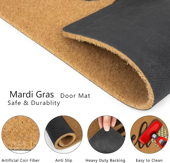 Mardi-Gras-Welcome-Doormat Outdoor-Entrance Fleur-De-Lis Door Mat Non Slip Coir Holiday Mats for Carnival Home Decor