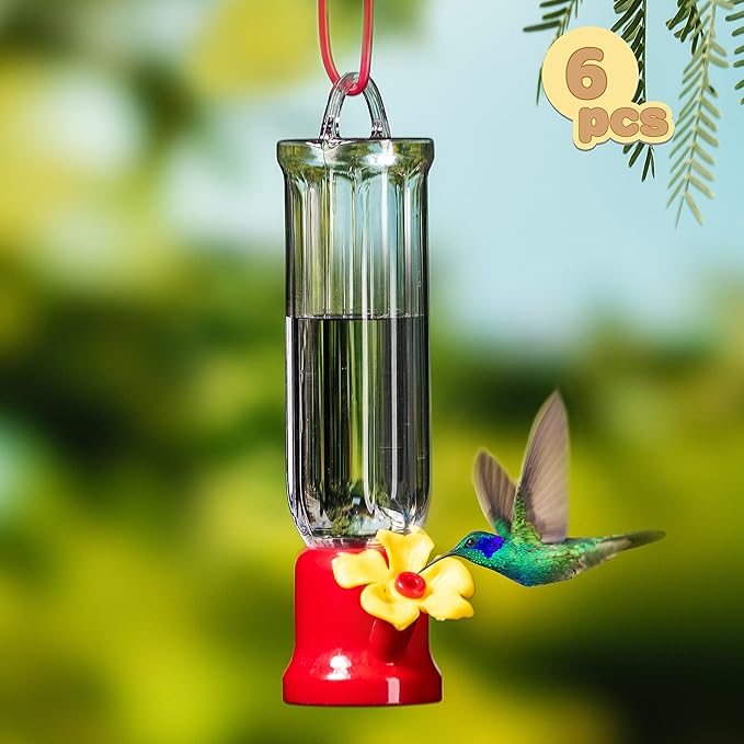 JOIEDOMI Set of 6 Mini Hummingbird Feeders with Hanging Wires, Transparent Outdoor Humming Bird Feeder Set with 3 Cleaning Brush for Patio, Outside, Lawn, Backyard, Garden, Easy to Clean