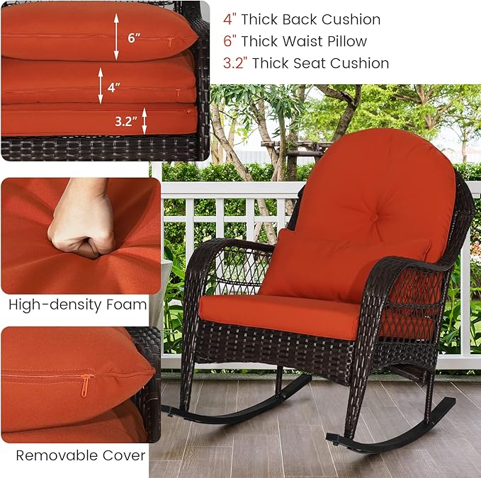 MEDIMALL Outdoor Wicker Rocking Chair, Patio Rattan Rocker w/Lumbar Pillow, Padded Seat & Back Cushions, Metal Frame, Mix Brown Wicker Furniture for Balcony, Porch, Deck, Backyard (Red)