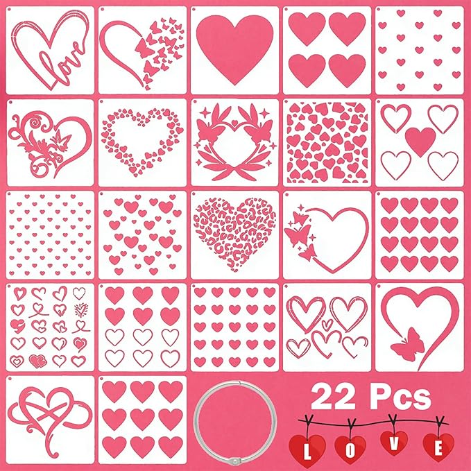 22 Pcs Heart Stencils for Crafts Reusable, 6x6 in Valentine Stencils for Painting on Wood/Wall/Canvas, Romantic Heart Templates Love Stencil Drawing Spraying Template for DIY Cards Home Decors Arts