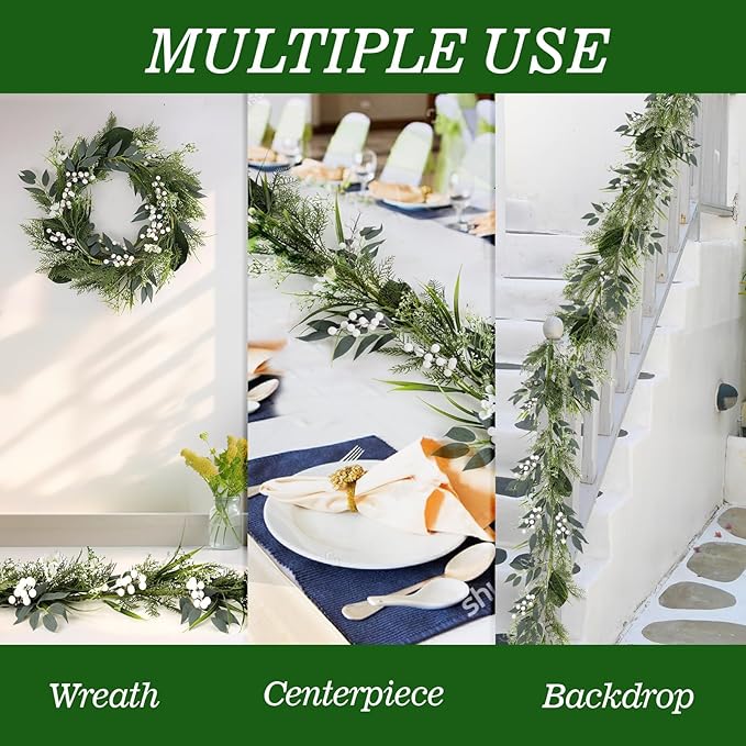 6.5 Ft Artificial White Flowers Garland Spring Summer Swags White Wild Flower with Berries Garland Vine for Wedding Front Door Porch Table Indoor Door Home Mantle All Year Decoration