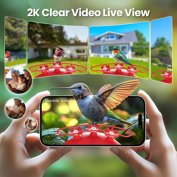 Soliom Hummingbird Feeder with Camera, Smart Feeder Camera Solar Powered with 2K Live View AI Identify, Leak Proof & Ant Moat & Bee Proof, Outdoor Pole/Hook Hanging, 16 OZ Ideal Gifts for Family-Red