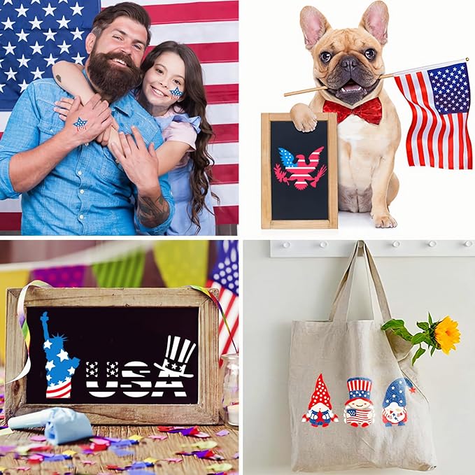 Patriotic Stencils for Painting, 49PCS Independence Day Theme Templates 3x3 Clear PET Plastic with Stars and Stripes Patterns for Cards, Cookies, Face Painting and Party Crafts