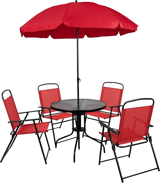 Flash Furniture Nantucket 6 Piece Red Patio Garden Set with Table, Umbrella and 4 Folding Chairs