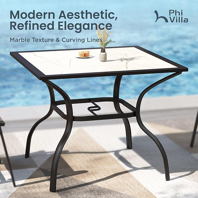 PHI VILLA 5 Piece Outdoor Dining Set with 4 Stackable Patio Chairs and a 37'' Carbon Crystal Patio Table, All Weather Small Patio Furniture Set for Deck Lawn Garden Poolside Backyard