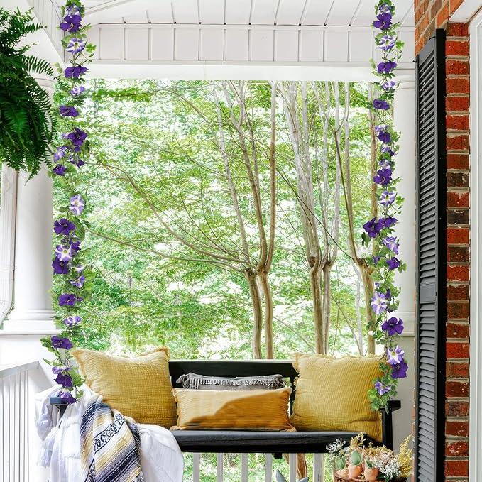 2 Pcs Artificial Flowers Vines Outdoors Silk Petunias Garland Spring Flowers Garland for Mantle 11 FT Fake Morning Glory Hanging Vines Plants for Mailbox Fence Wedding Banquet Decor Purple