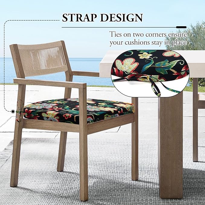 Wellsin Outdoor Chair Cushions for Patio Furniture - Patio Chair Cushions Set of 6 - Water Resistant Round Corner Outdoor Seat Cushions 17"X16"X2", Flower Black