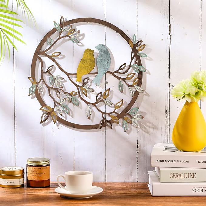 Ferraycle Metal Wall Art Bird on Tree Branch Silhouette Bird Art Decor for Living Room Garden Bedroom Office Home Wall Housewarming Party Decor(Trendy Color)