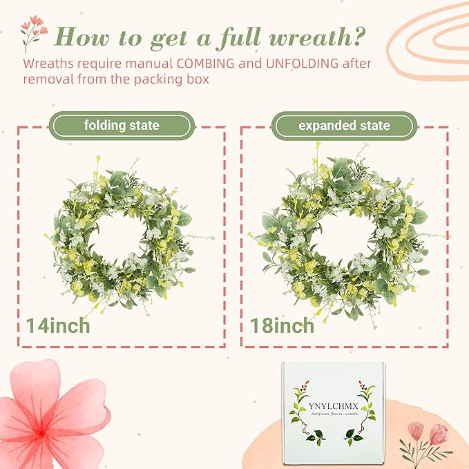 YNYLCHMX 18" Spring Summer Wreaths for Front Door, Artificial Floral Wreath with Yellow White Daisy & Green Eucalyptus Leaves, Green Foliage Wreath for Wall Window Farmhouse Party Holiday Home Decor