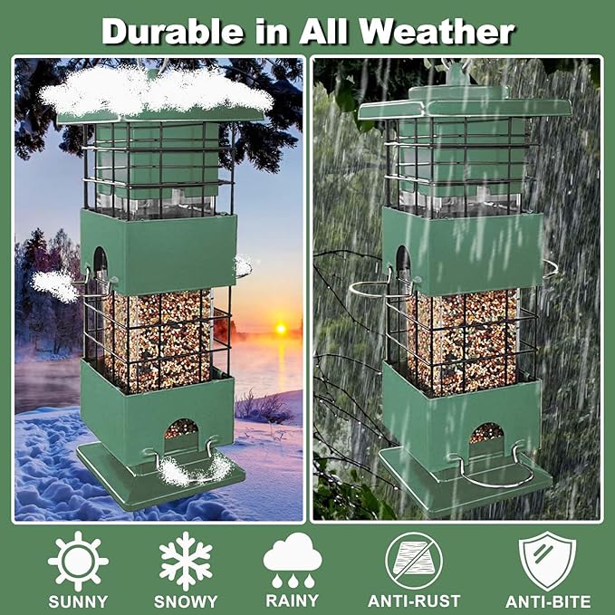 Squirrel Proof Bird Feeder,3Lbs Metal Birdfeeders Squirrel Proof with 4 Feeding Ports for Outside, Birds Seed Feeder for Outdoors, Cardinal, Finch, Sparrow (Green)
