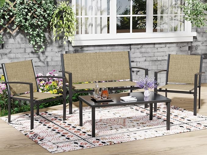 Greesum 4 Pieces Patio Furniture Set, Outdoor Conversation Sets for Patio, Lawn, Garden, Poolside with A Glass Coffee Table, Beige