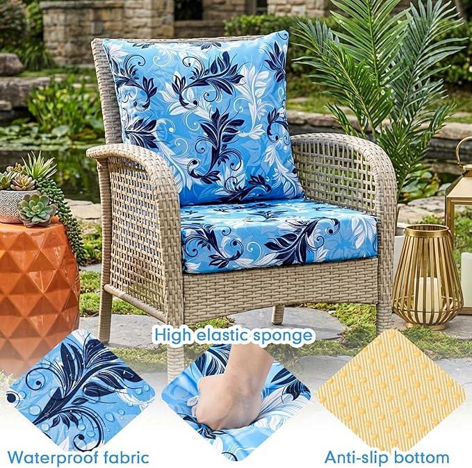 Hoteam 4 Set Outdoor Chair Patio Cushions Deep Seat Waterproof Chair Cushions 20 x 20 Inch for Patio Furniture Set Replacement Removable Seat and Back (Floral Scrolls)