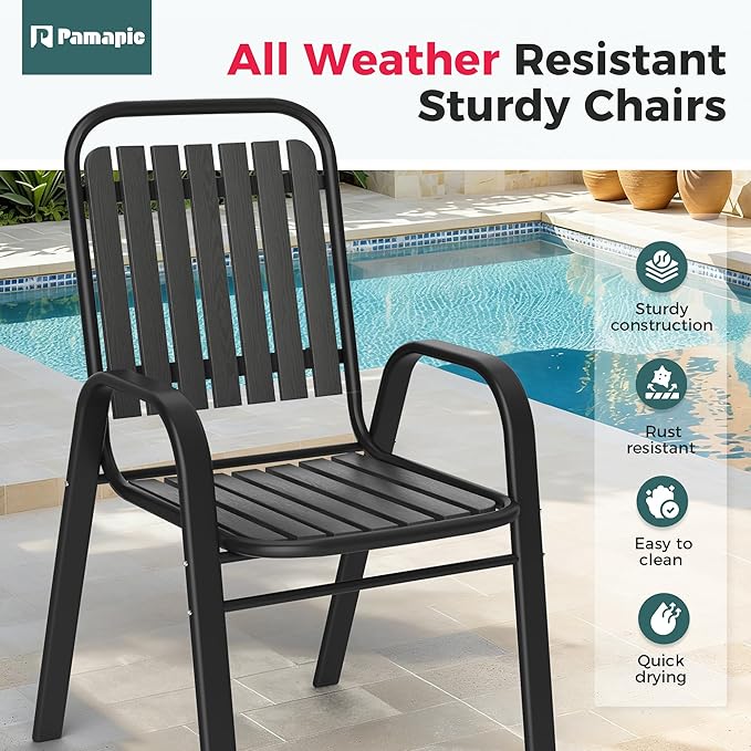 Pamapic Outdoor Dining Sets for 4, Square Table with Adjustable Umbrella Hole with 4 Plastic Chairs, 5 Piece Patio Table and Chairs Set for Garden, Backyard, Poolside and Lawn (Black)