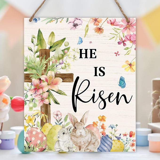 Easter Welcome Sign for Front Door, He is Risen Easter Door Sign Decor, Spring Cross Rectangle Wood Sign Hanger for Outdoor Farmhouse Garden Porch Home - C02