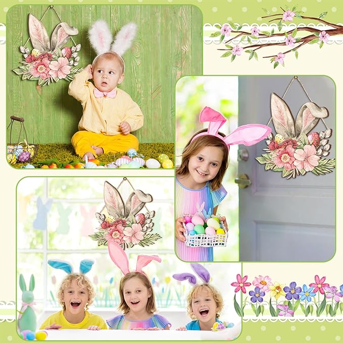 Juexica Easter Door Sign Bunny Ear Hanging Decor Easter Flower Wooden Sign Wall Hanging Decorations for Front Door Wood Porch Decor Wall Pediments