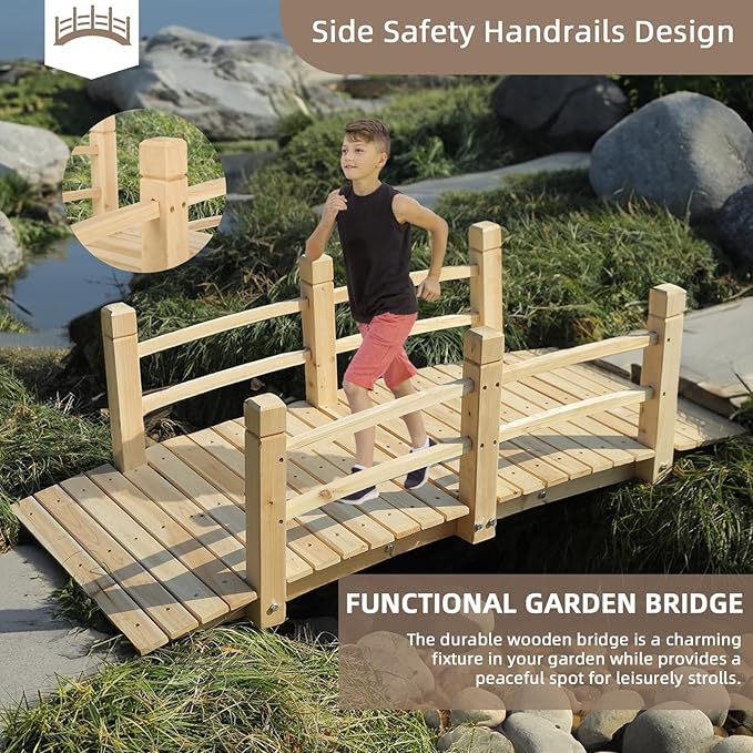 Wood Garden Bridge Classic Wooden Arch Stained Finish Footbridge with Safety Railings, 530 lbs Capacity, Decorative Pond Bridge Landscaping for Outdoor Garden Backyard Creek Farm, Natural