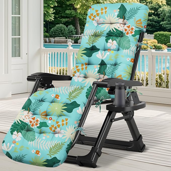 Outdoor Chaise Lounge Chair Cushion Waterproof 66 x 21 x 4 Inches Cotton Lounge Chair Cushions with Ties, Soft Thickened Lounge Chair Cushions for Indoor Outdoor Furniture (Green Flower Leaf)