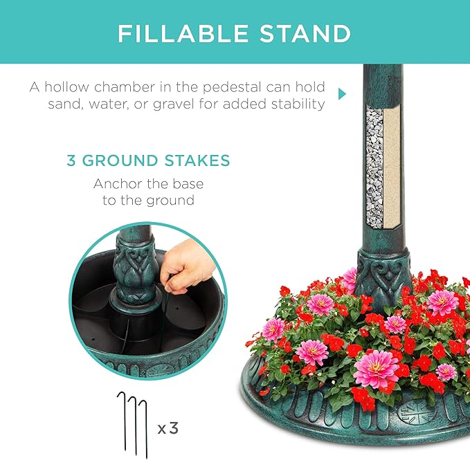 Best Choice Products Solar Outdoor Bird Bath Vintage Resin Pedestal Fountain Decoration for Yard, Garden w/Planter Base, Feeder, Decorative Bird Cage, Fillable Stand - Green