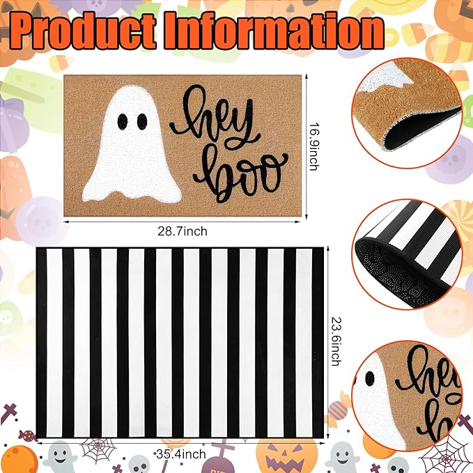 Tinideya 2 Pcs Halloween Doormat Hey Boo Ghost Outdoor Welcome Mats for Front Door Non Slip Ghost Coir Floor Mat Black White Stripe Halloween Rug for Outside Front Porch Entryway Decor