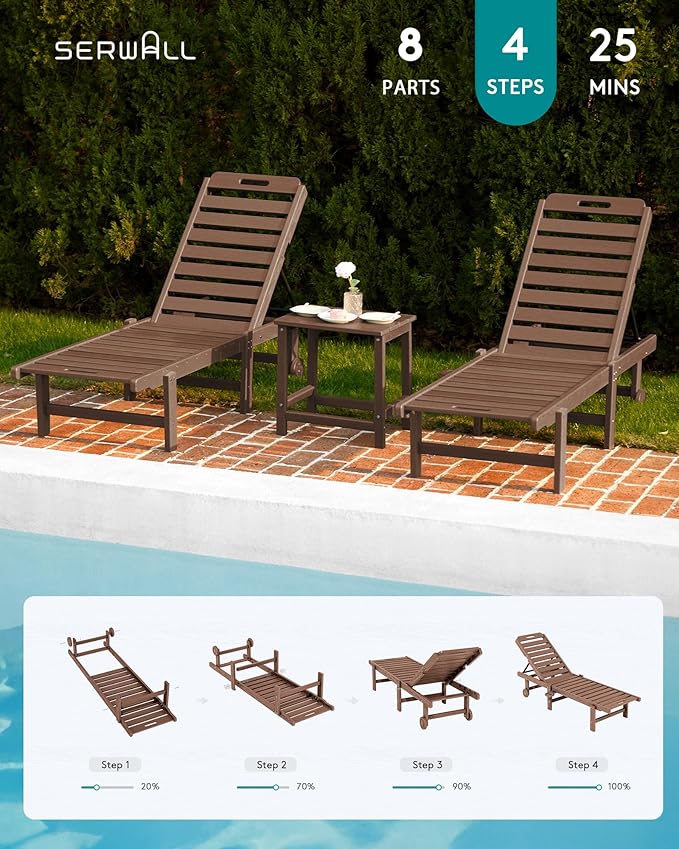 SERWALL Patio Chaise Lounge Set of 4, HDPE Outdoor Lounge Chair with Cup Holder, 5 Positions Adjustable Poly Lounger with Rolling Wheels for Poolside, Deck, Sunbathing, Brown
