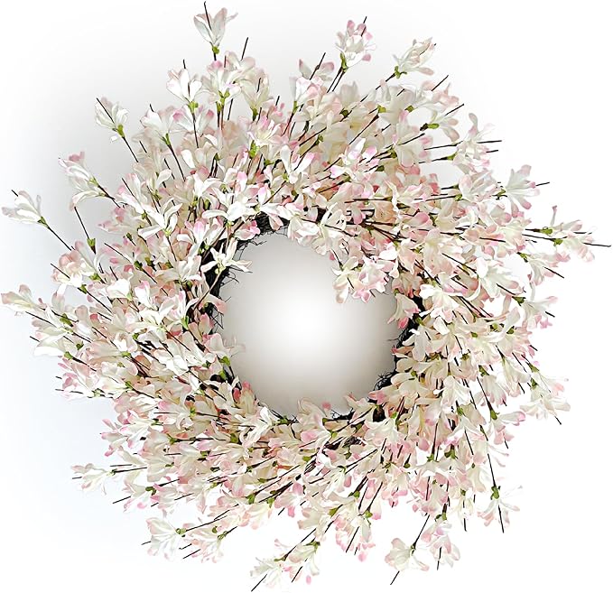 Spring Wreath for Front Door, 24 Inch Spring Forsythiaon Wreath Front Door Pink Forsythiaon Grapevine Wreaths for Festival Celebration Front Door Wall Window Decoration Home Decor