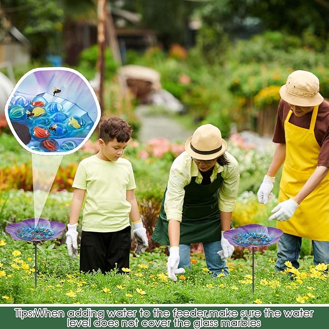 Tandefio Vivid Flower Bee Watering Station Metal Butterfly Water Feeder Cup with 30 Colorful Glass Marbles Bee Feeder Butterfly Bath Bowl for Garden Outdoor Yard Decors(Blue Purple,Flower)