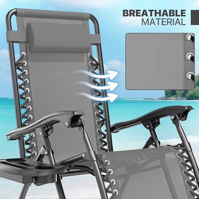 Magshion Zero Gravity Lounge Chair, Adjustable Folding Recliner with Cup Holder Side Tray & Removable Headrest Pillow, Portable Outdoor Patio Lounger for Camping, Beach, Lawn, Backyard, Grey