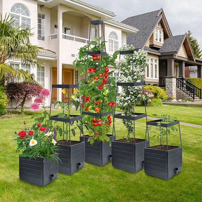 Garden Trellis for Climbing Plants, 57in Raised Garden Bed Planter Box with Trellis, Tomato Cage Planters for Outdoor Plants Climbing Vegetable Vine Flowers Outdoor & Indoor/Self-Watering (4PCS)