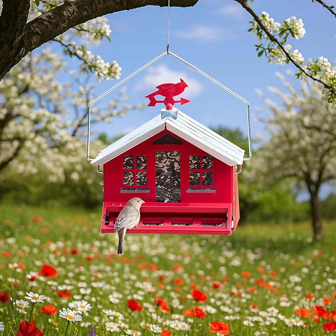 Perky-Pet Squirrel-Be-Gone II Country House Bird Feeder with Weathervane - 8 lb Seed Capacity - Squirrel Proof Wild Bird Feeder for Outdoors - Durable Construction - Rustic Outdoor Decor - 338, Red